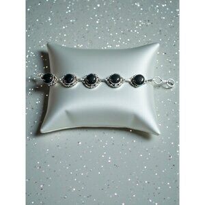 Black Onyx Gemstone Handmade Ethnic Silvery Jewelry Bracelet 7-8"